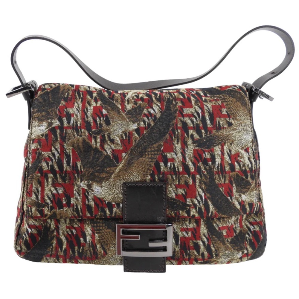 Fendi EXTREMELY RARE Zucca Falcon Bird Print Red Mama Forever Baguette Bag
